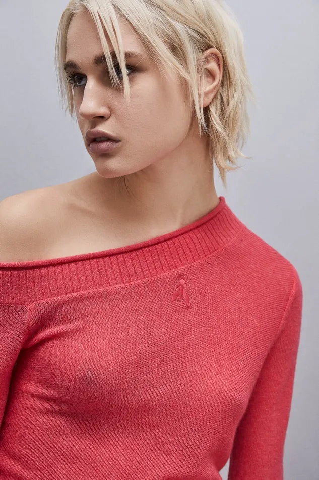 Patrizia Pepe Wool Sweater With Wide Neckline Pink Hybrid Rose Apparel Sweaters