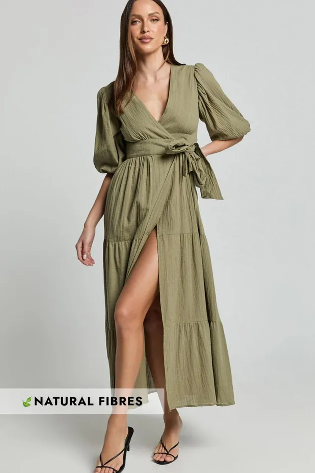 Penelope Wrap Front Puff Sleeve Midi Dress In Olive Women Showpo Conscious