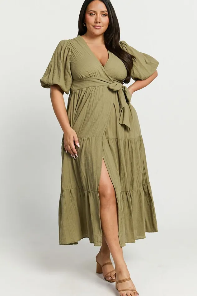 Penelope Wrap Front Puff Sleeve Midi Dress In Olive Women Showpo Conscious