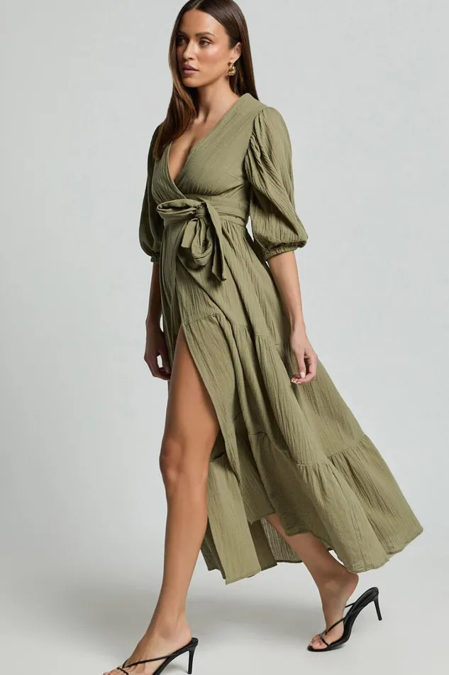 Penelope Wrap Front Puff Sleeve Midi Dress In Olive Women Showpo Conscious