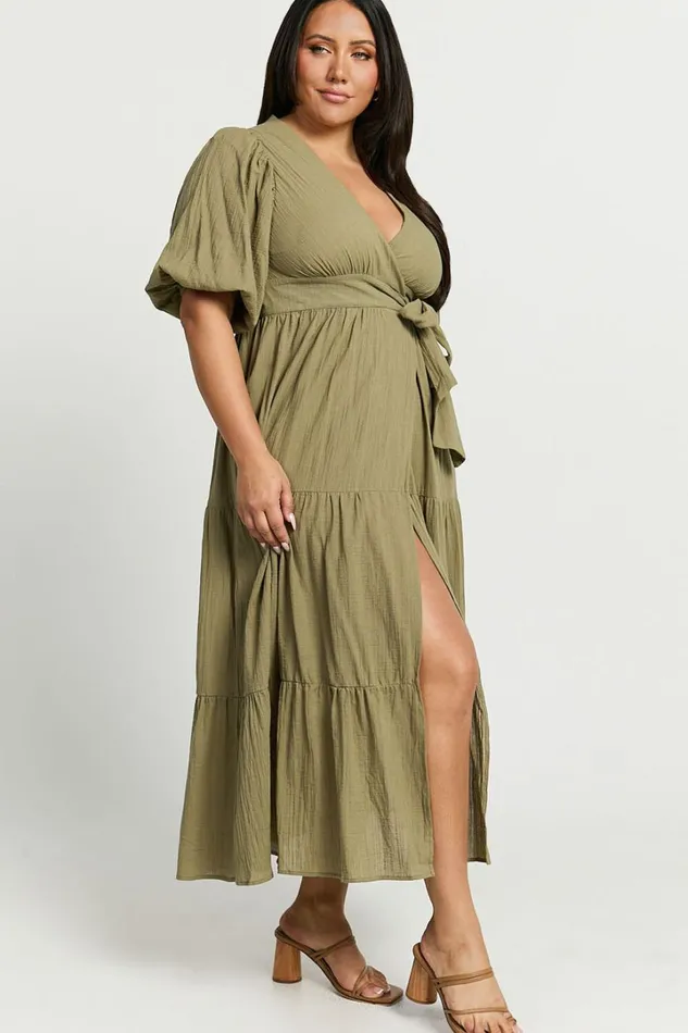 Penelope Wrap Front Puff Sleeve Midi Dress In Olive Women Showpo Conscious