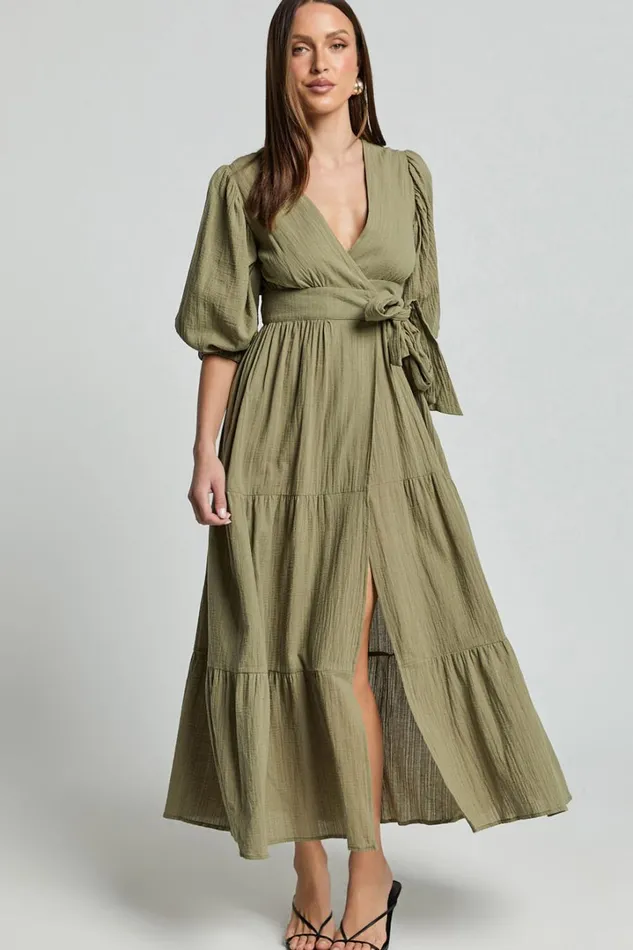 Penelope Wrap Front Puff Sleeve Midi Dress In Olive Women Showpo Conscious