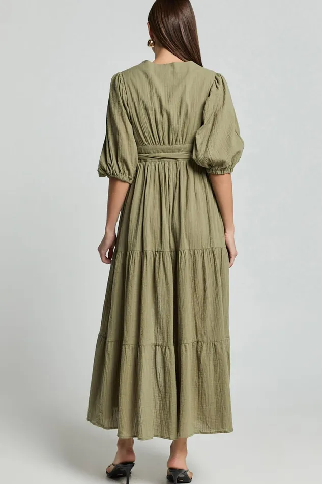 Penelope Wrap Front Puff Sleeve Midi Dress In Olive Women Showpo Conscious