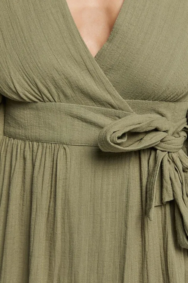 Penelope Wrap Front Puff Sleeve Midi Dress In Olive Women Showpo Conscious