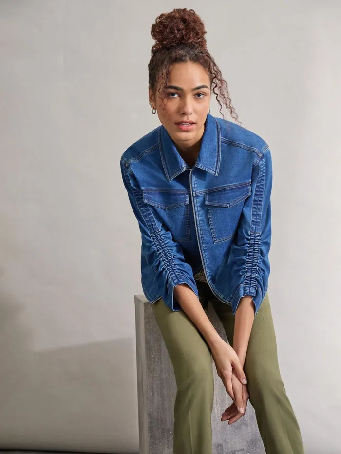 Petite Shirred Sleeve City Denim Jacket Shore Wash Women Jones New York Petite Denim