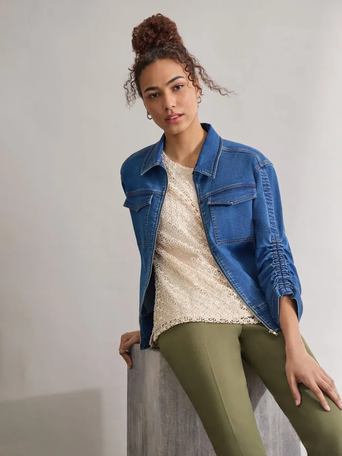 Petite Shirred Sleeve City Denim Jacket Shore Wash Women Jones New York Petite Denim Petite Shirred Sleeve City Denim Jacket Shore Wash Women Jones New York Petite Denim