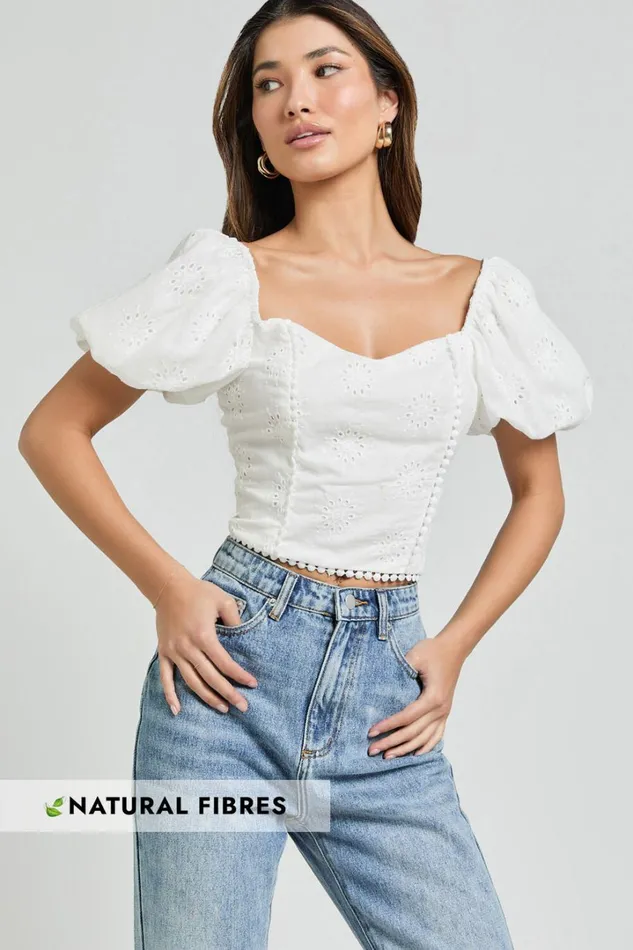 Pixie Top 8211 Sweetheart Puff Sleeve Embroidery Top In White Women Showpo Conscious
