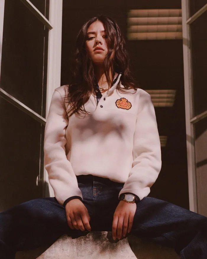Polar Fleece And Sherpa Women Sporty and Rich NY Crest Polar Sweatshirt 8211 CreamGold