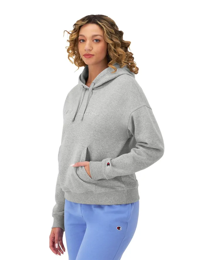 Powerblend Hoodie Relaxed Full Embroidered Script Logo Oxford Grey Women Champion Hoodies and Sweatshirts