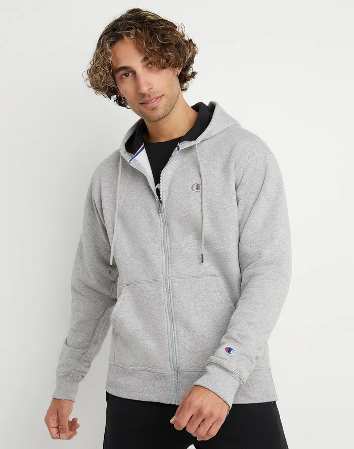 Powerblend Hoodie Zip Up C Logo Oxford Grey Men Champion Hoodies and Sweatshirts