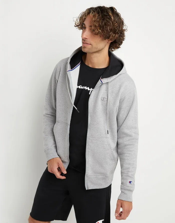 Powerblend Hoodie Zip Up C Logo Oxford Grey Men Champion Hoodies and Sweatshirts
