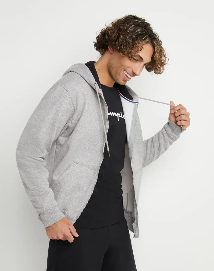 Powerblend Hoodie Zip Up C Logo Oxford Grey Men Champion Hoodies and Sweatshirts