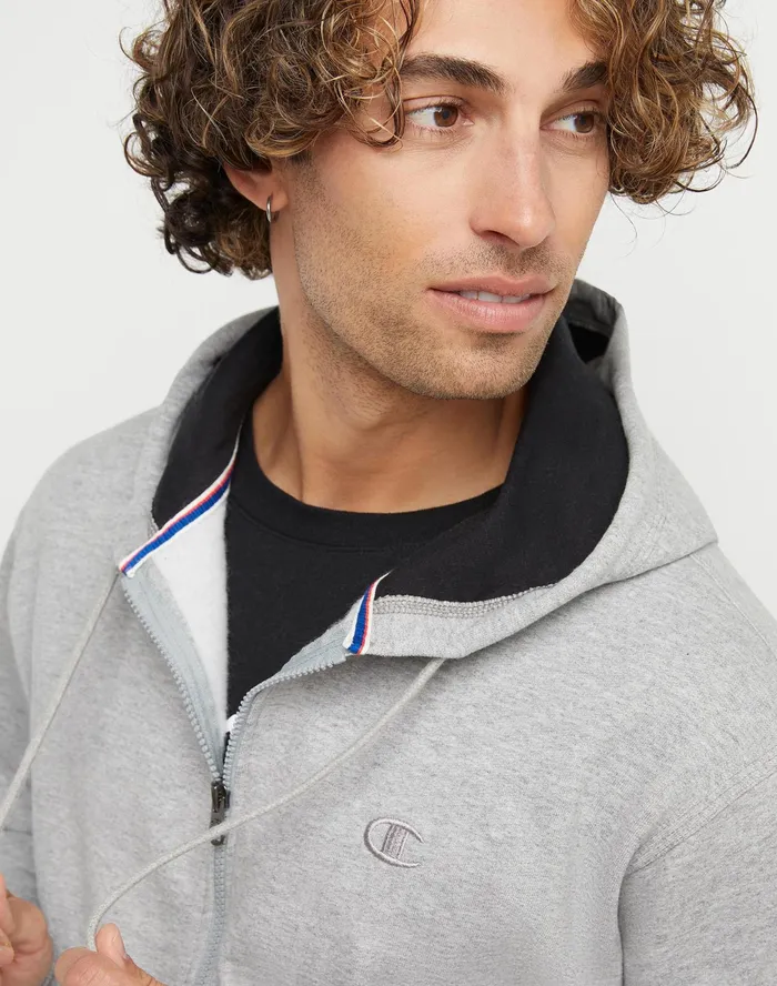 Powerblend Hoodie Zip Up C Logo Oxford Grey Men Champion Hoodies and Sweatshirts