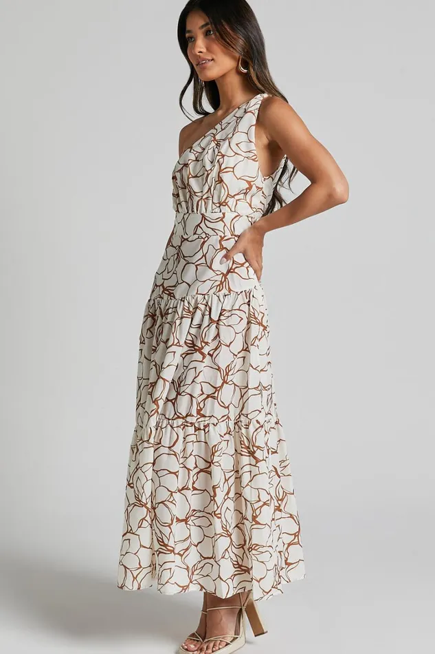 Raiden Midi Dress 8211 Asymmetric One Shoulder Tiered Dress In White Floral Women Showpo Dresses
