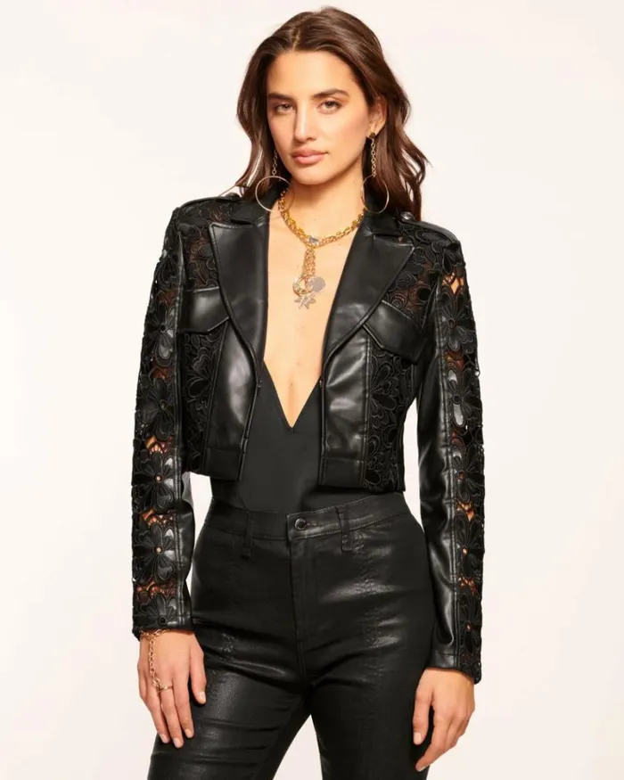 Ramy Brook Jackets Women Ocean Embellished Faux Leather Jacket Black Flower