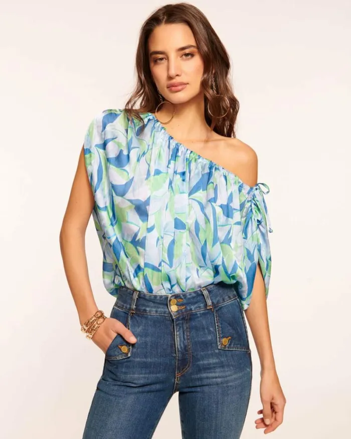 Ramy Brook Tops Women Katie OneShoulder Blouse Blue Leaf