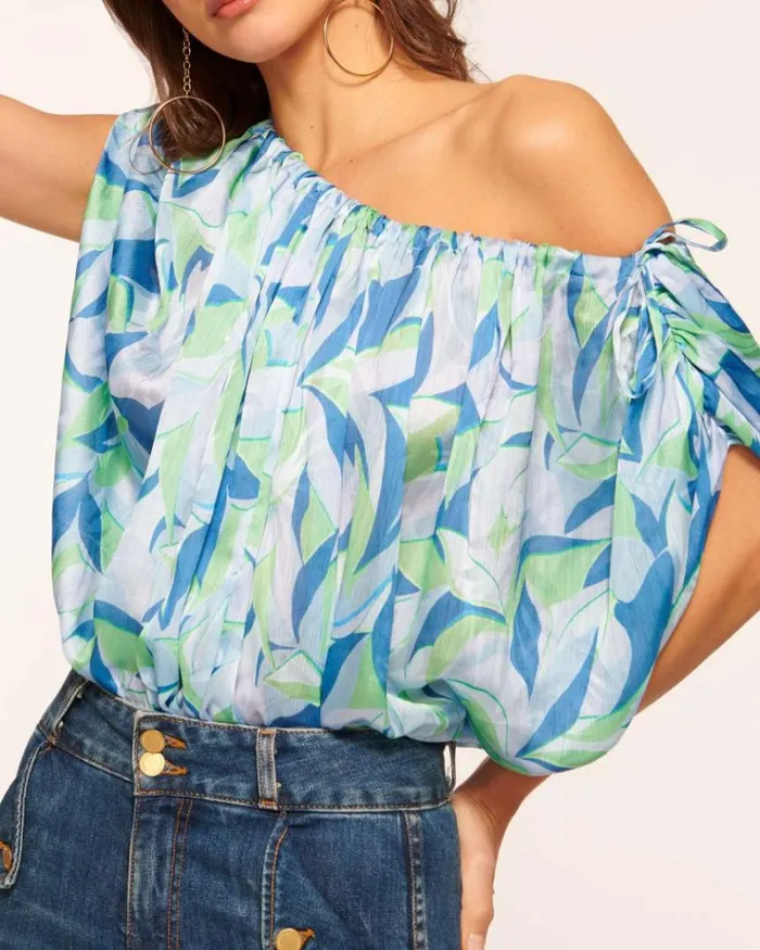 Ramy Brook Tops Women Katie OneShoulder Blouse Blue Leaf