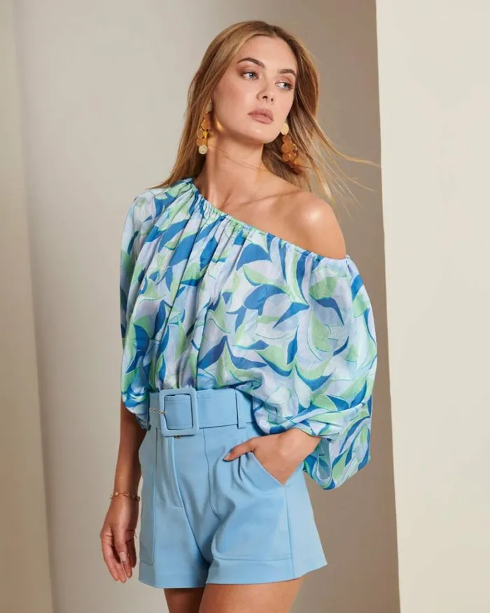 Ramy Brook Tops Women Katie OneShoulder Blouse Blue Leaf