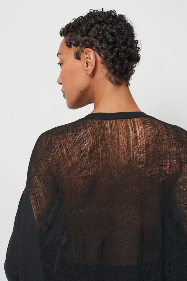 Raquel Allegra Black 34 Sleeve Shredded Cocoon Top Women TShirts