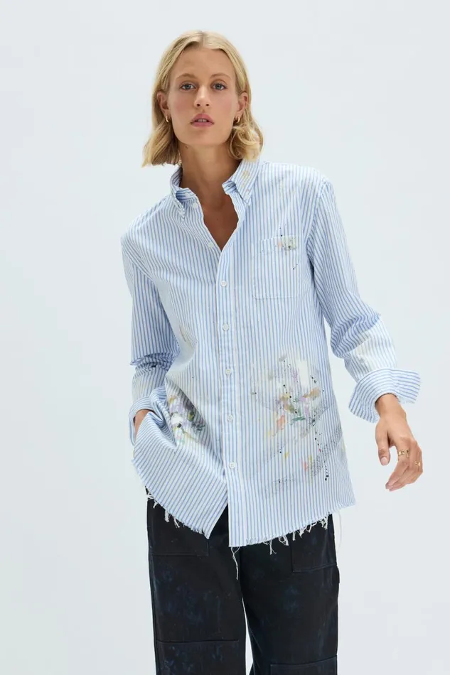 Raquel Allegra Blue Stripe Painter Shirt Women Tops
