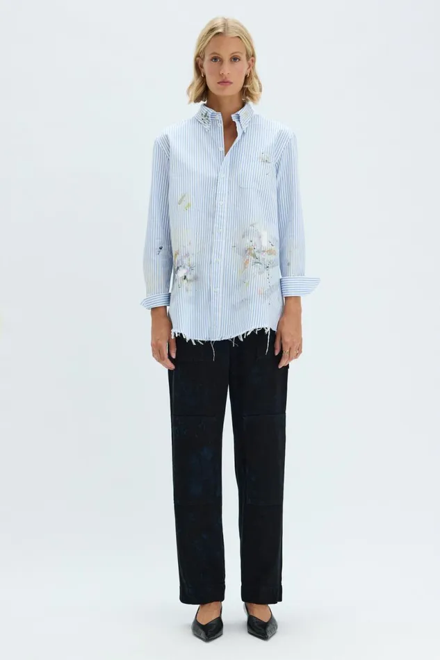 Raquel Allegra Blue Stripe Painter Shirt Women Tops