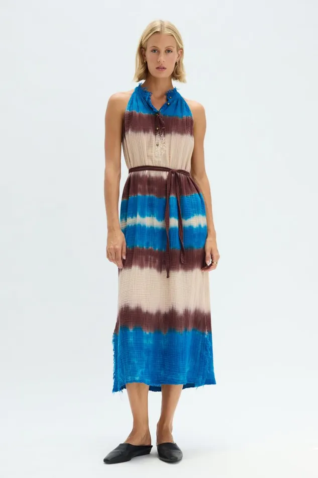 Raquel Allegra Lapis Multi Dual Gauze Halter Dress Women Tops