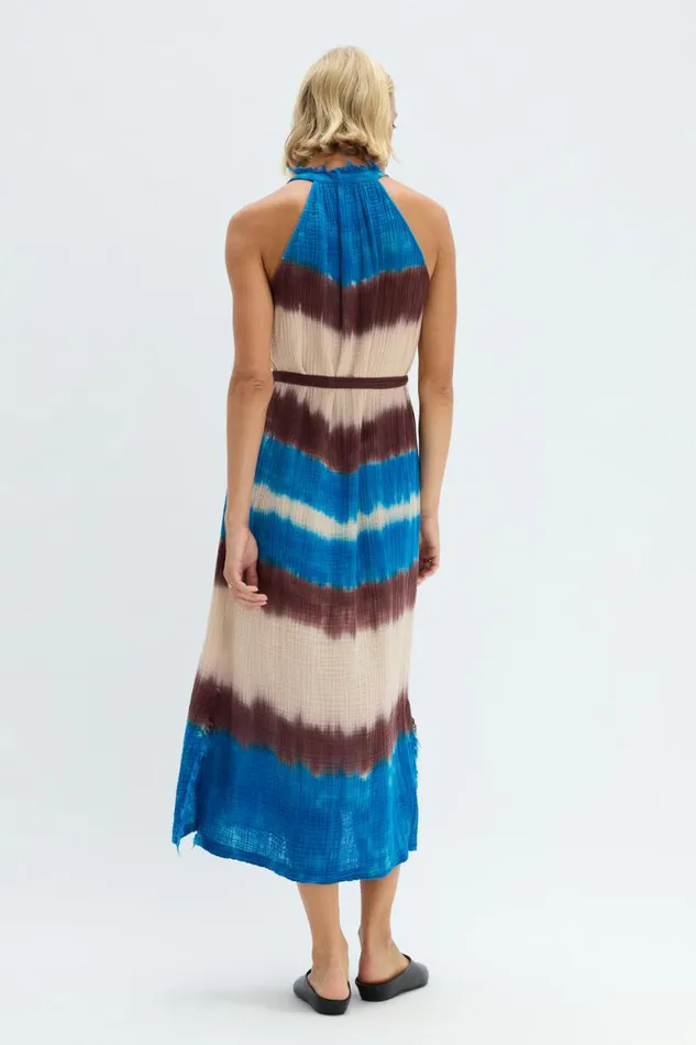 Raquel Allegra Lapis Multi Dual Gauze Halter Dress Women Tops