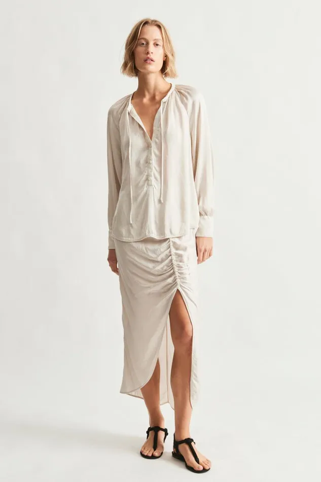 Raquel Allegra Pebble Satin Dirty White Poet Blouse Women Tops