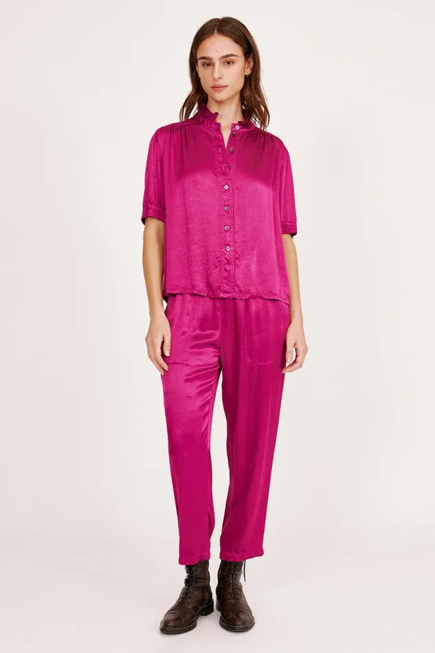 Raquel Allegra Pebble Satin Magenta Victory Blouse Women Tops