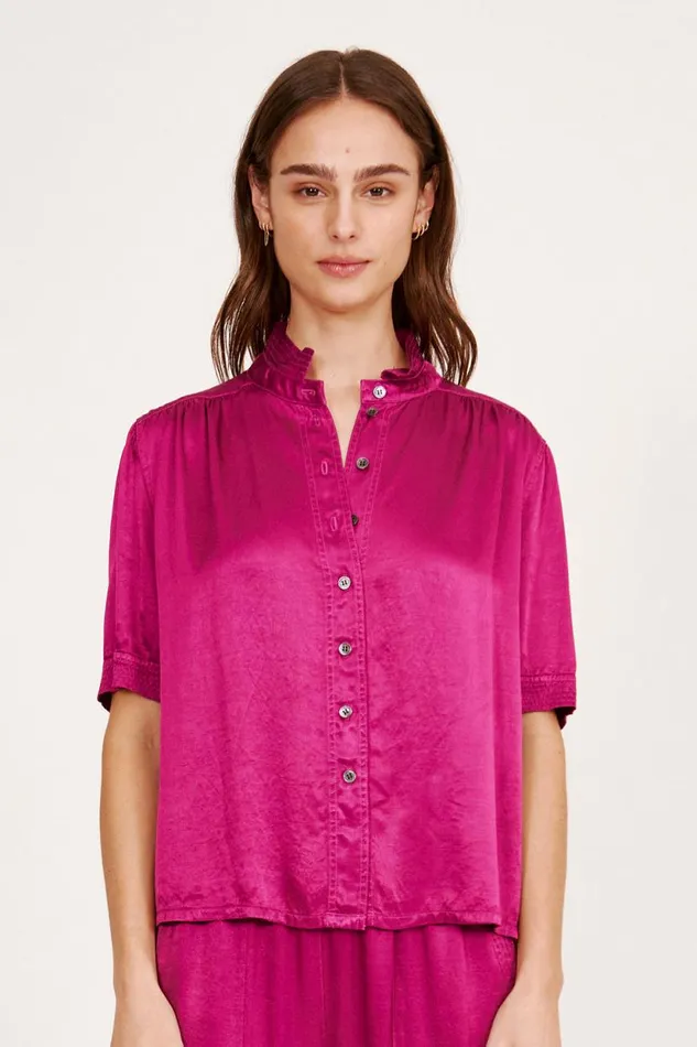 Raquel Allegra Pebble Satin Magenta Victory Blouse Women Tops