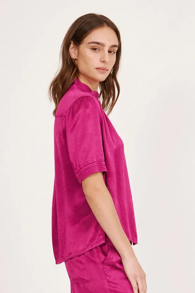 Raquel Allegra Pebble Satin Magenta Victory Blouse Women Tops