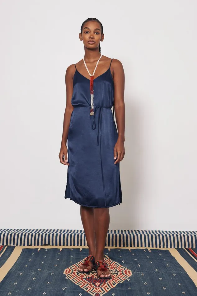 Raquel Allegra Pebble Satin Midnight Lily Midi Dress Women Dresses
