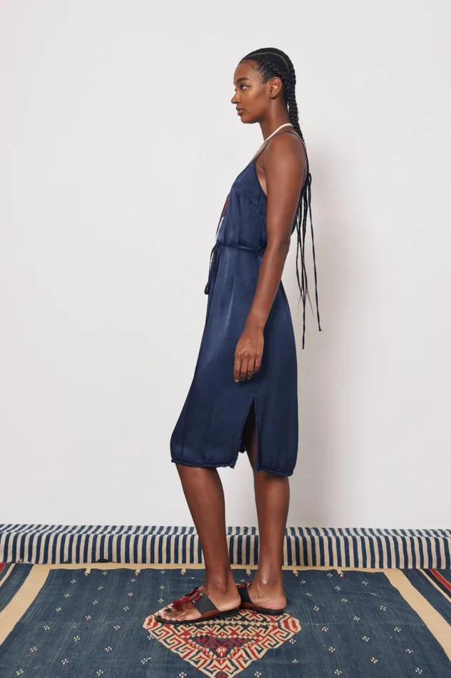 Raquel Allegra Pebble Satin Midnight Lily Midi Dress Women Dresses
