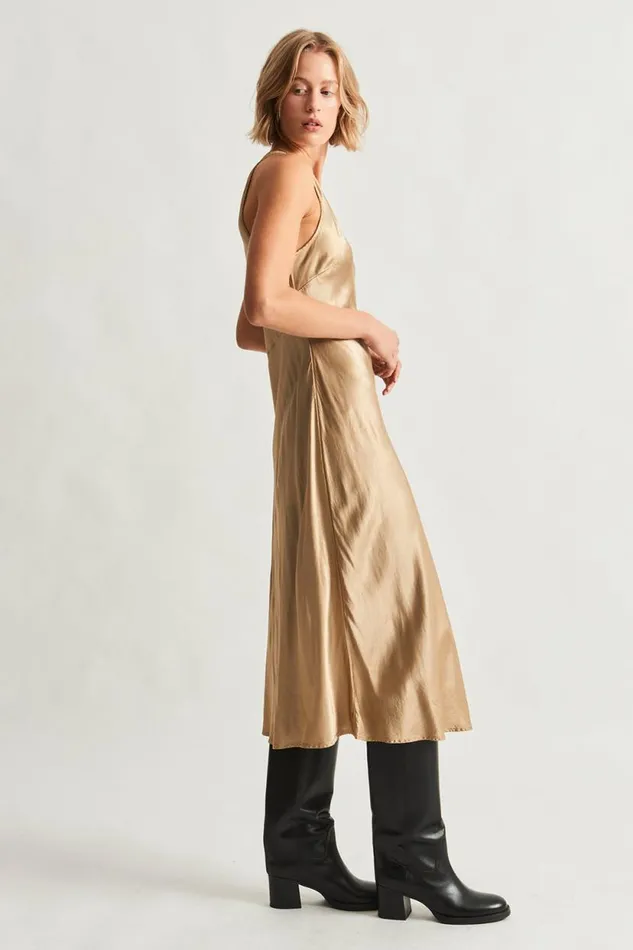 Raquel Allegra Pebble Satin Sand Valentina Midi Dress Women Sweaters and Knits
