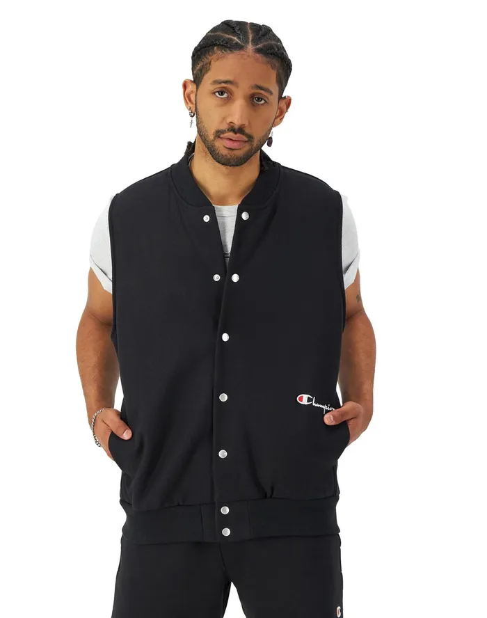 Reverse Weave Vest Script Logo Black Men Champion Jackets