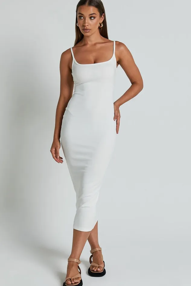 Reyneth Midi Dress 8211 Low Back Bodycon Rib Dress In Off White Women Showpo Basics