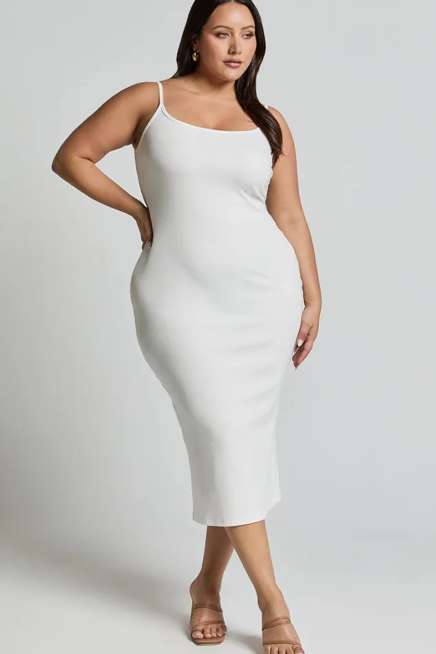 Reyneth Midi Dress 8211 Low Back Bodycon Rib Dress In Off White Women Showpo Basics