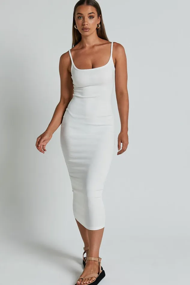 Reyneth Midi Dress 8211 Low Back Bodycon Rib Dress In Off White Women Showpo Basics