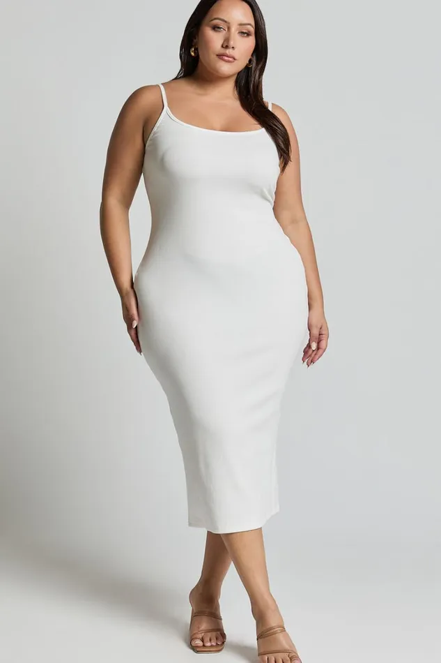 Reyneth Midi Dress 8211 Low Back Bodycon Rib Dress In Off White Women Showpo Basics