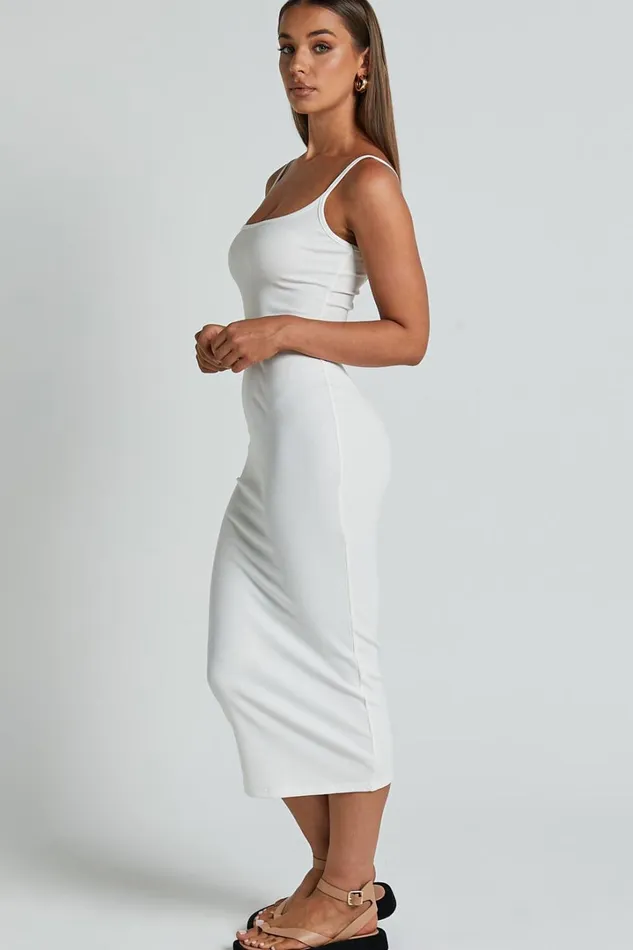 Reyneth Midi Dress 8211 Low Back Bodycon Rib Dress In Off White Women Showpo Basics
