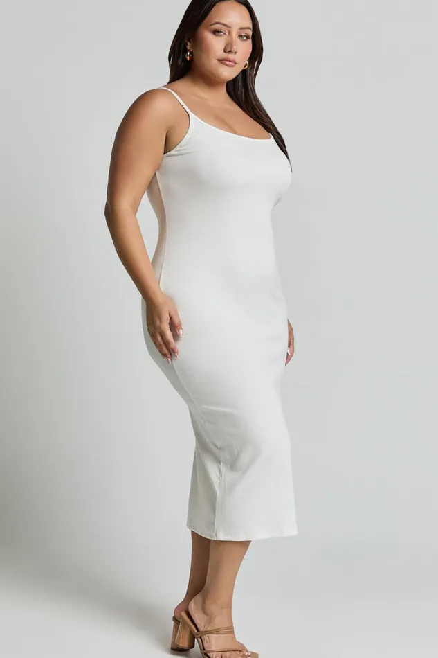 Reyneth Midi Dress 8211 Low Back Bodycon Rib Dress In Off White Women Showpo Basics