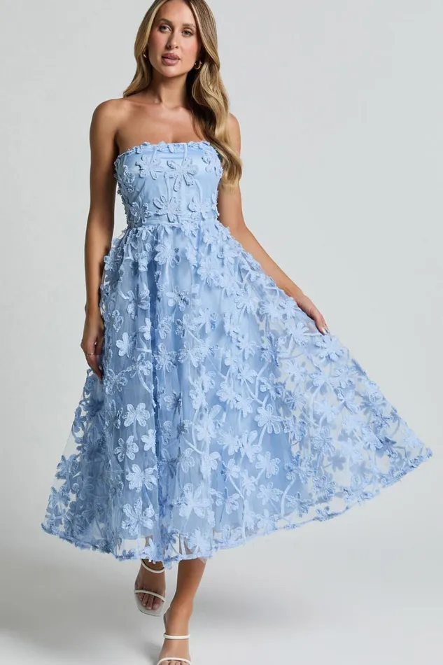 Rheiva Midi Dress 8211 Strapless 3D Embroidery Midi Dress In SOFT BLUE Women Showpo Dresses Rheiva Midi Dress 8211 Strapless 3D Embroidery Midi Dress In SOFT BLUE Women Showpo Dresses