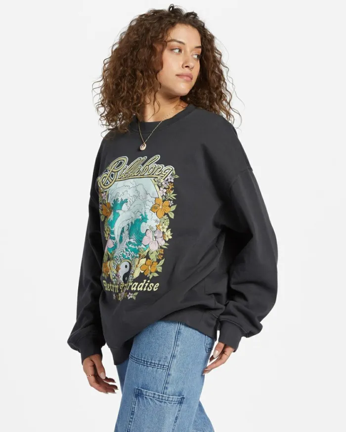 Ride In Oversized Crewneck Sweatshirt Black Sands 3 Women Billabong Sweatshirts and Fleece