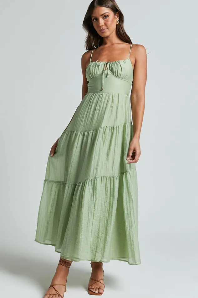Rodeth Midi Dress 8211 Ruched Bust Tie Front Tiered Dress In Sage Women Showpo Dresses