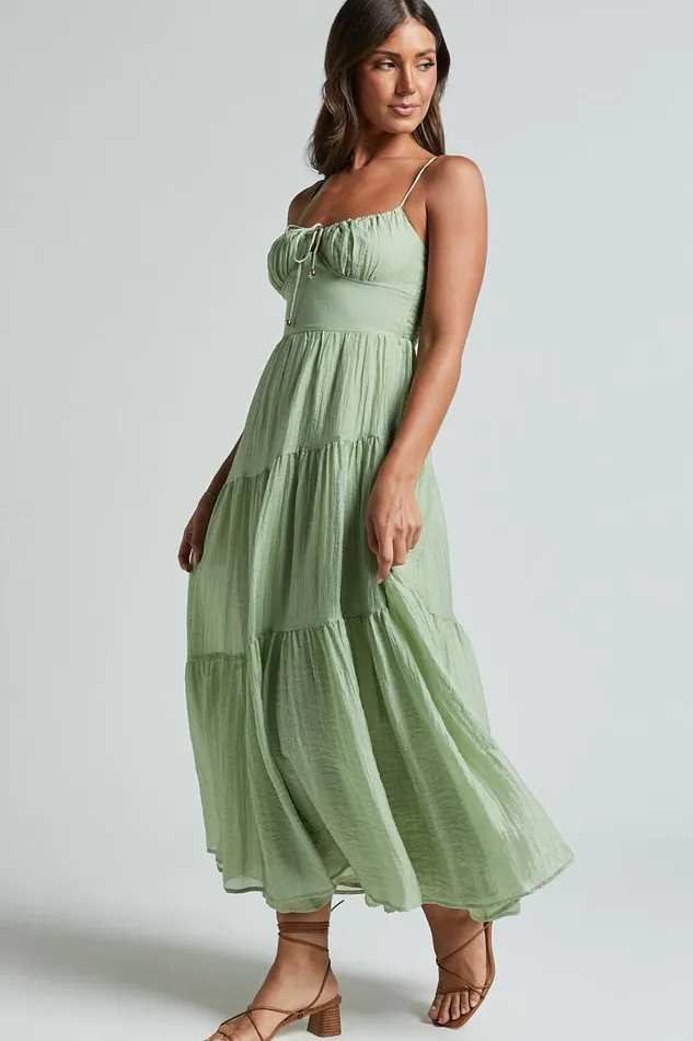 Rodeth Midi Dress 8211 Ruched Bust Tie Front Tiered Dress In Sage Women Showpo Dresses