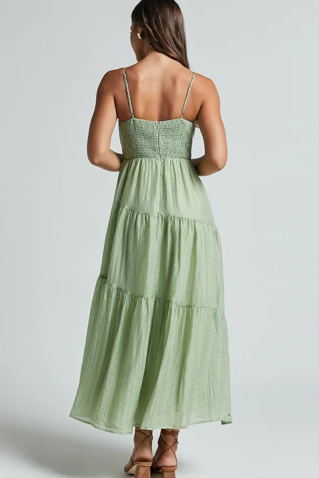 Rodeth Midi Dress 8211 Ruched Bust Tie Front Tiered Dress In Sage Women Showpo Dresses