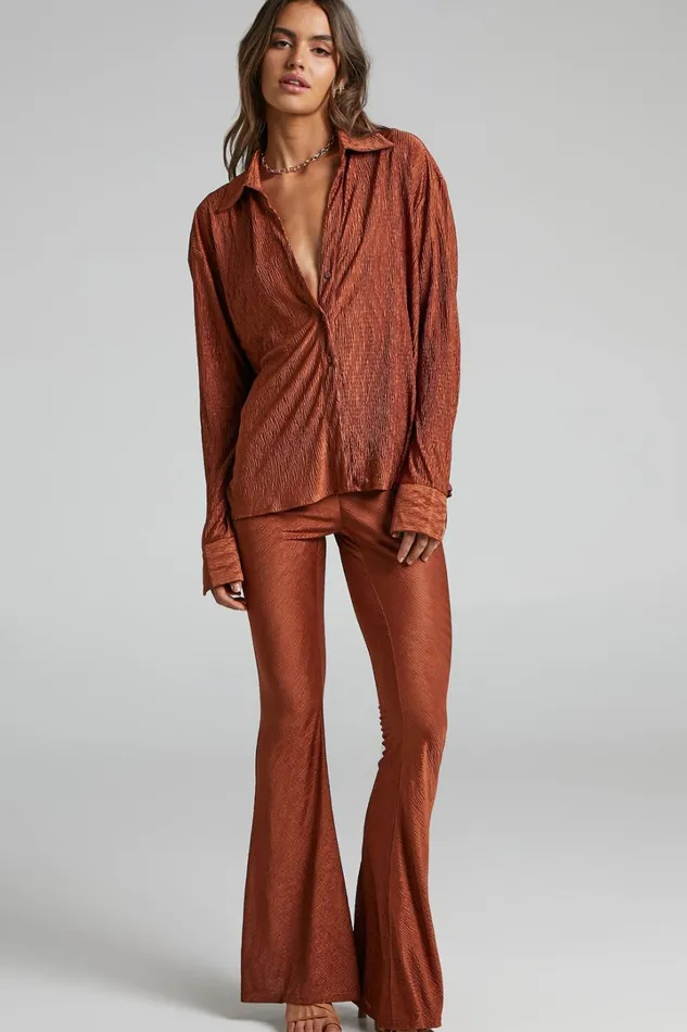 Rosamund Pants 8211 High Waisted Crinkle Flared Pants In Clay Women Showpo Pants