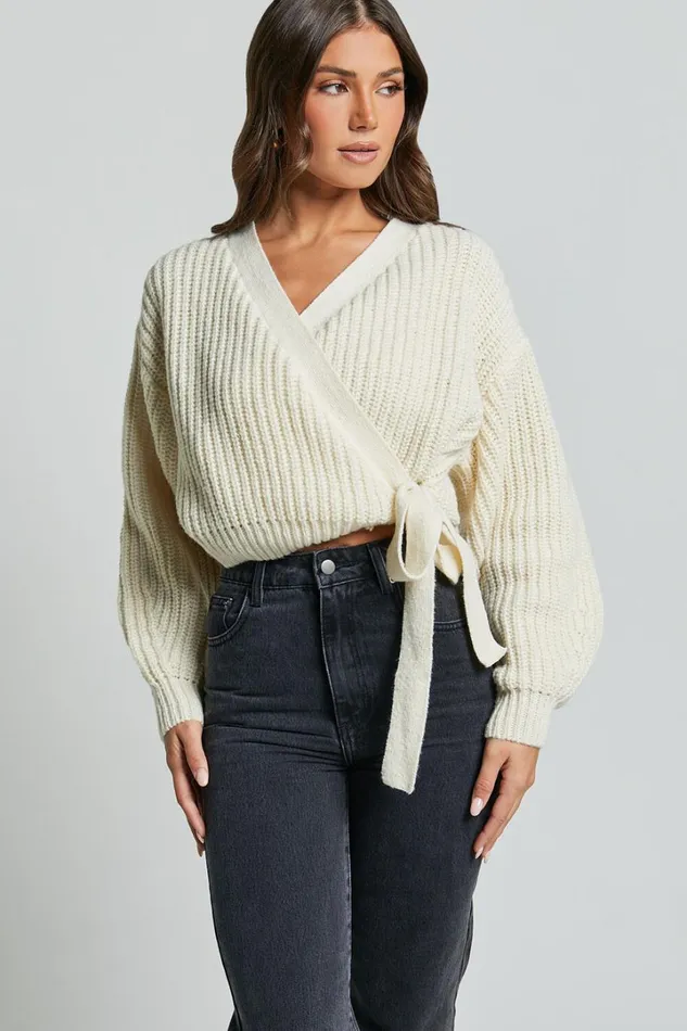 Rosanna Jumper 8211 Recycled Knitted V Neck Wrap Cardigan In Ivory Women Showpo Sweaters and Cardigans