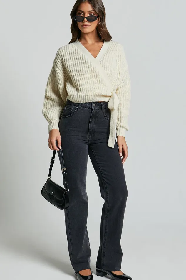 Rosanna Jumper 8211 Recycled Knitted V Neck Wrap Cardigan In Ivory Women Showpo Sweaters and Cardigans