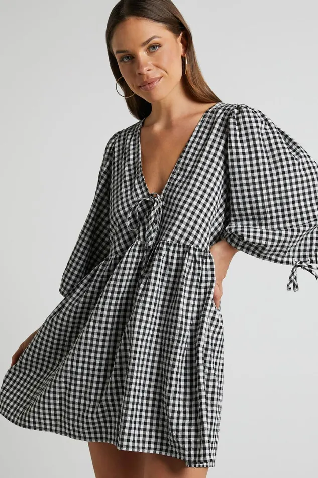 Rosita Mini Dress 8211 Tie Front Puff Sleeve Dress In Black And White Check Women Showpo Maternity Clothes Rosita Mini Dress 8211 Tie Front Puff Sleeve Dress In Black And White Check Women Showpo Maternity Clothes